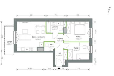 Rzut - Mieszkanie na sprzedaż 3 pokoje o powierzchni 55,3 m² - numer 2/B/2/40 w Oliwska Vita