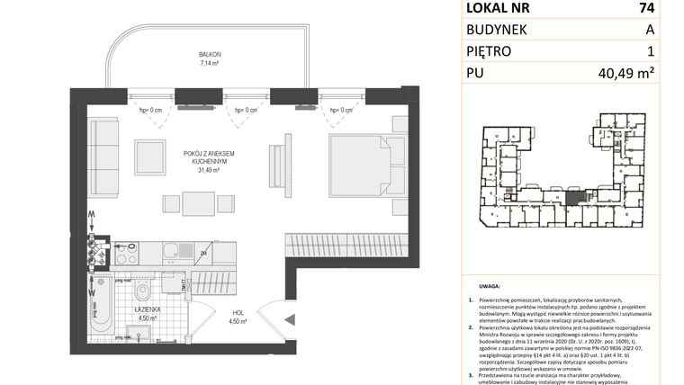 Rzut - Mieszkanie na sprzedaż 1 pokój o powierzchni 40,49 m² - numer A.74 w Esencja