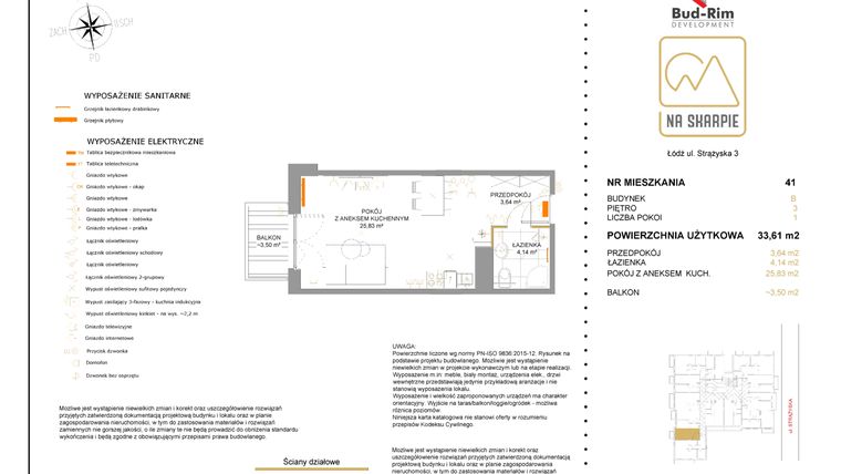 Rzut - Mieszkanie na sprzedaż 1 pokój o powierzchni 33,61 m² - numer B41 w Na Skarpie bud. B