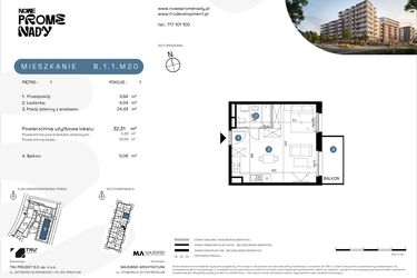Rzut - Mieszkanie na sprzedaż 1 pokój o powierzchni 32,31 m² - numer B.1.1.M20 w Nowe Promenady etap II