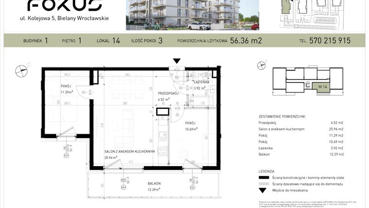Rzut - Mieszkanie na sprzedaż 3 pokoje o powierzchni 56,36 m² - numer B1-14 w Fokus Bielany