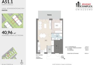 Rzut - Mieszkanie na sprzedaż 2 pokoje o powierzchni 40,96 m² - numer A51.1 w Osiedle Gwiazdowo etap 6B