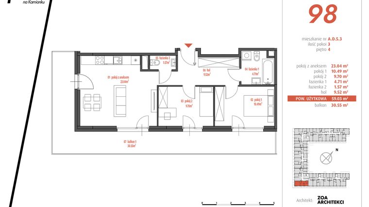 Rzut - Mieszkanie na sprzedaż 2 pokoje o powierzchni 41,36 m² - numer AD5.2 w PUR