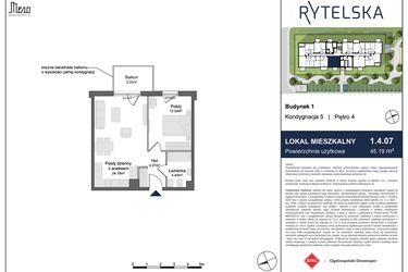 Rzut - Mieszkanie na sprzedaż 2 pokoje o powierzchni 45,19 m² - numer 1.4.07 w Rytelska