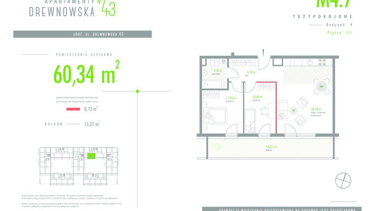 Rzut - Mieszkanie na sprzedaż 3 pokoje o powierzchni 60,34 m² - numer 4-7 w Apartamenty Drewnowska 43