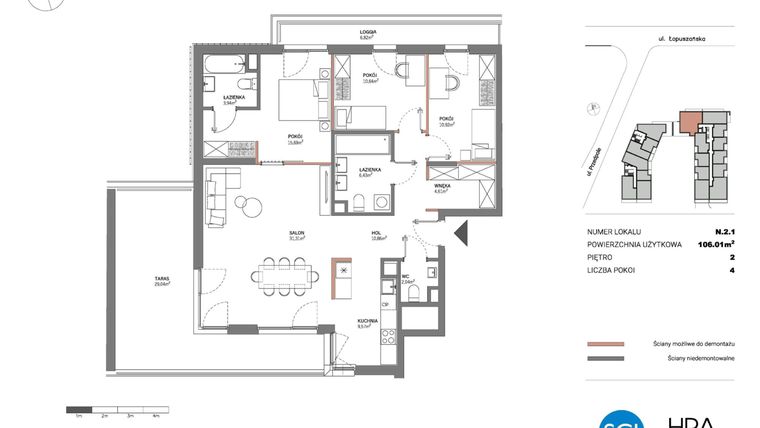 Rzut - Mieszkanie na sprzedaż 4 pokoje o powierzchni 106,01 m² - numer N.2.1 w Łopuszańska 47 - etap 4