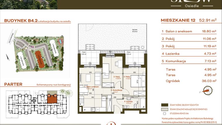 Rzut - Mieszkanie na sprzedaż 3 pokoje o powierzchni 52,91 m² - numer B4.2.12 w Osiedle SLOW
