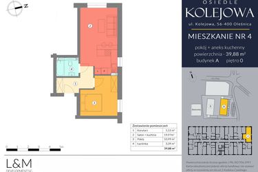 Rzut - Mieszkanie na sprzedaż 2 pokoje o powierzchni 39,88 m² - numer A.4 w Osiedle Kolejowa