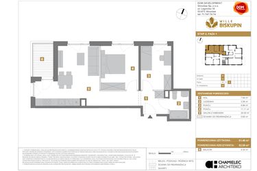 Rzut - Mieszkanie na sprzedaż 3 pokoje o powierzchni 51,49 m² - numer S8 w Wille Biskupin Etap 2.1
