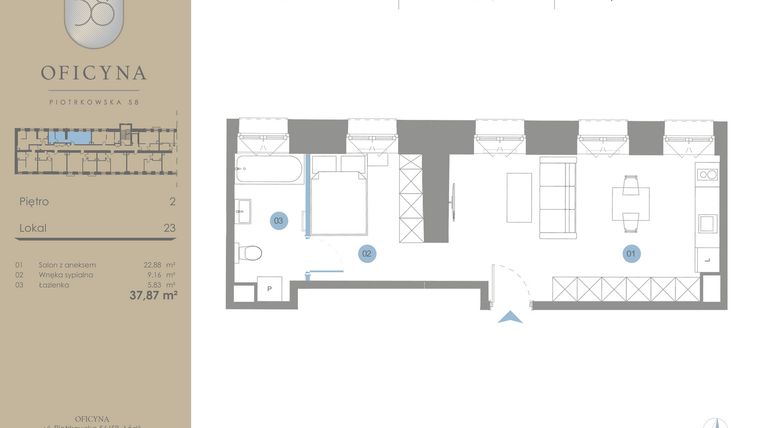 Rzut - Mieszkanie na sprzedaż 1 pokój o powierzchni 37,87 m² - numer 23 w Oficyna - Apartamenty Inwestycyjne Apart Hotel