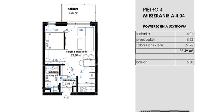 Rzut - Mieszkanie na sprzedaż 1 pokój o powierzchni 35,49 m² - numer A 4.04 w Osiedle Kwiatowe
