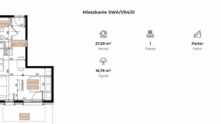 Rzut - Mieszkanie na sprzedaż 1 pokój o powierzchni 27,39 m² - numer SWA/1/04/D w Apartamenty Świeradowska