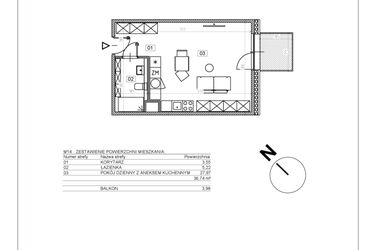 Rzut - Mieszkanie na sprzedaż 1 pokój o powierzchni 36,98 m² - numer I.M14 w Osiedle Glivia Zachodnia