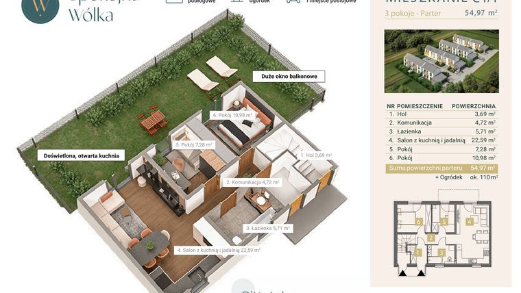 Rzut - Mieszkanie na sprzedaż 3 pokoje o powierzchni 54,97 m² - numer C1/1 w Spokojna Wólka etap IV