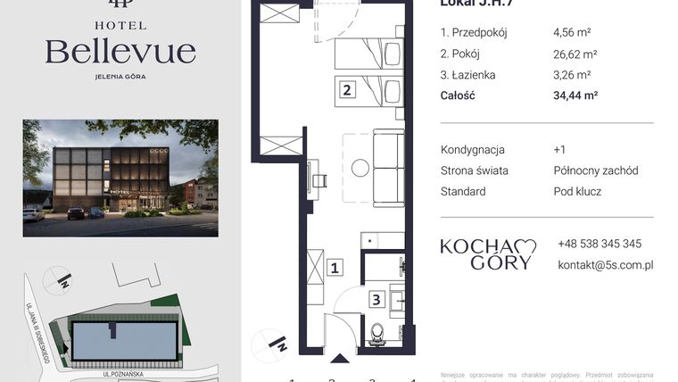 Rzut - Mieszkanie na sprzedaż 1 pokój o powierzchni 34,44 m² - numer 7 w Hotel Bellevue