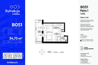 Rzut - Mieszkanie na sprzedaż 1 pokój o powierzchni 34,75 m² - numer B051 w Dyfrakcja Łódzka