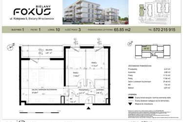 Rzut - Mieszkanie na sprzedaż 3 pokoje o powierzchni 65,85 m² - numer I.10 w Fokus Bielany