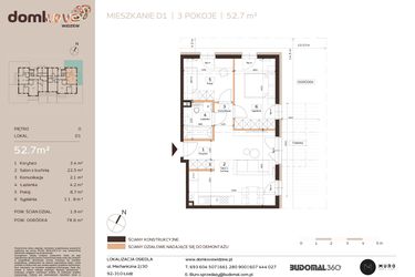 Rzut - Mieszkanie na sprzedaż 3 pokoje o powierzchni 52,7 m² - numer D1 w Domkove Widzew