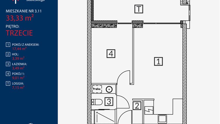 Rzut - Mieszkanie na sprzedaż 2 pokoje o powierzchni 33,33 m² - numer B2.M.3.11 w Tarasy Sobieskiego