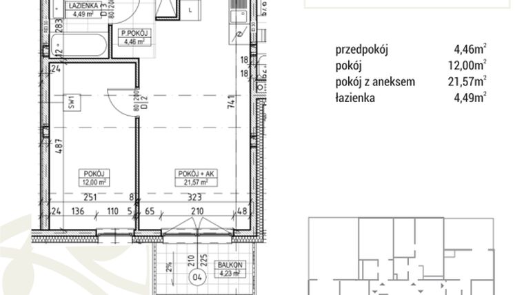 Rzut - Mieszkanie na sprzedaż 2 pokoje o powierzchni 42,52 m² - numer A1.03.26 w Zakątek Flora