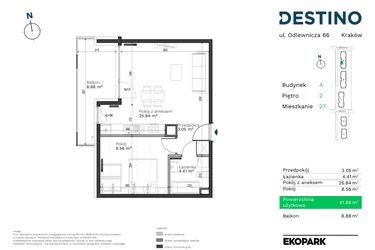 Rzut - Mieszkanie na sprzedaż 2 pokoje o powierzchni 41,86 m² - numer A-27 w Destino