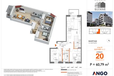 Rzut - Mieszkanie na sprzedaż 3 pokoje o powierzchni 60,79 m² - numer 20 w Bulwar bud. 2