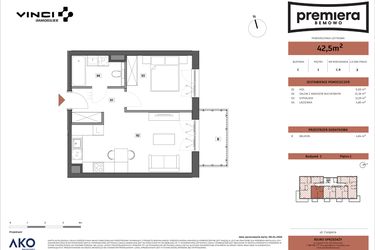 Rzut - Mieszkanie na sprzedaż 2 pokoje o powierzchni 42,5 m² - numer C.09 w Premiera Bemowo