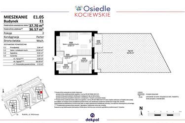 Rzut - Mieszkanie na sprzedaż 2 pokoje o powierzchni 36,57 m² - numer E1.05 w Osiedle Kociewskie bud. E