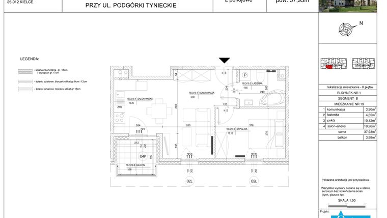 Rzut - Mieszkanie na sprzedaż 2 pokoje o powierzchni 37,93 m² - numer B19 w Podgórki Tynieckie
