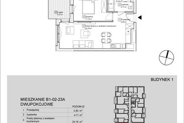Rzut - Mieszkanie na sprzedaż 2 pokoje o powierzchni 42,91 m² - numer B1-02-23A w Nowa Francuska
