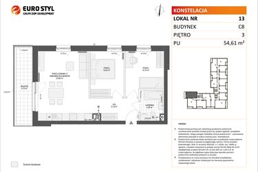 Rzut - Mieszkanie na sprzedaż 3 pokoje o powierzchni 54,61 m² - numer C8.13 w Konstelacja etap IV