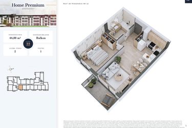 Rzut - Mieszkanie na sprzedaż 2 pokoje o powierzchni 44,88 m² - numer 22 w Apartamenty Home Premium etap 2