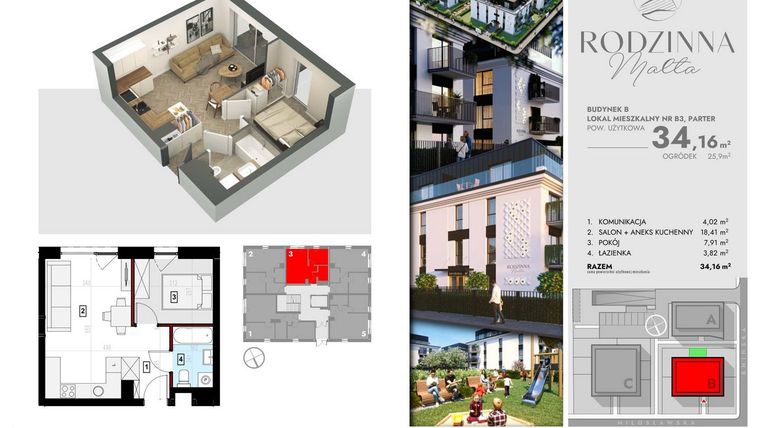 Rzut - Mieszkanie na sprzedaż 2 pokoje o powierzchni 33,84 m² - numer B3 w Rodzinna Malta