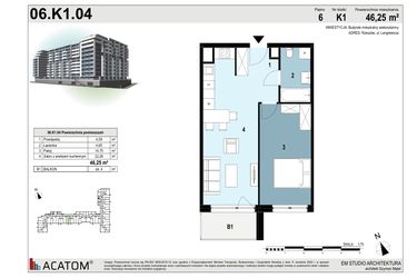 Rzut - Mieszkanie na sprzedaż 2 pokoje o powierzchni 46,25 m² - numer 06.K1.04 w Langiewicza 37