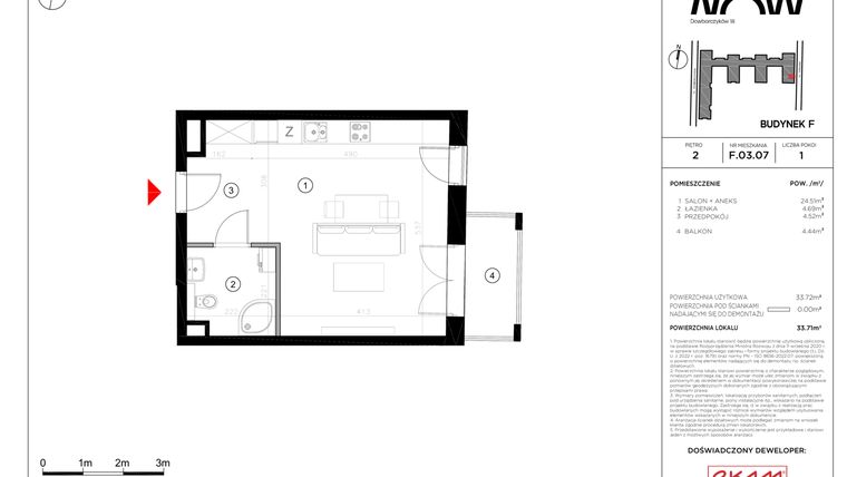 Rzut - Mieszkanie na sprzedaż 1 pokój o powierzchni 33,71 m² - numer F.03.07 w NOW