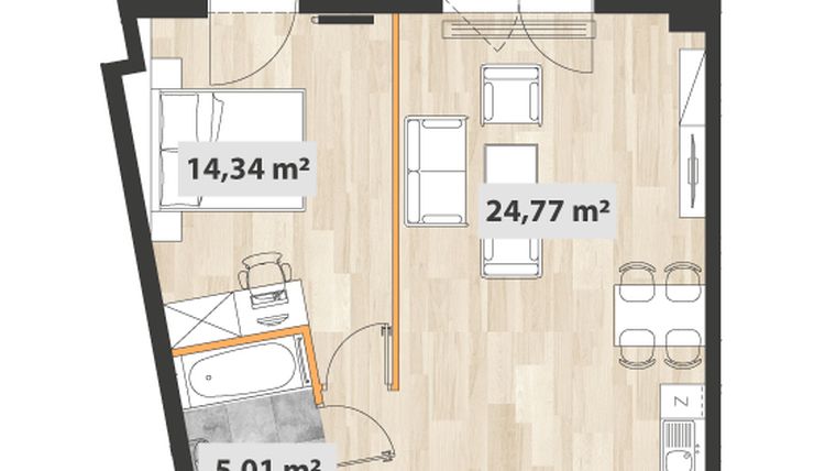 Rzut - Mieszkanie na sprzedaż 2 pokoje o powierzchni 50,94 m² - numer A.06.04 w Na Okrzei