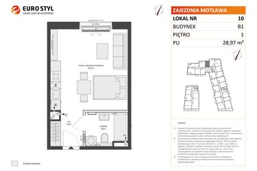 Rzut - Mieszkanie na sprzedaż 1 pokój o powierzchni 28,97 m² - numer B1.10 w Zajezdnia Motława