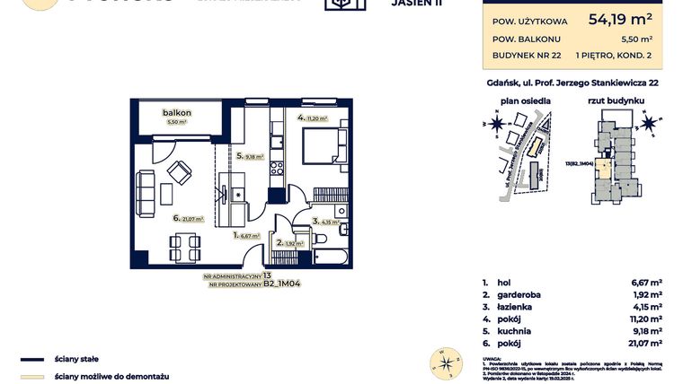 Rzut - Mieszkanie na sprzedaż 2 pokoje o powierzchni 54,19 m² - numer B2_1M04 w Kaskada Jasień - etap II