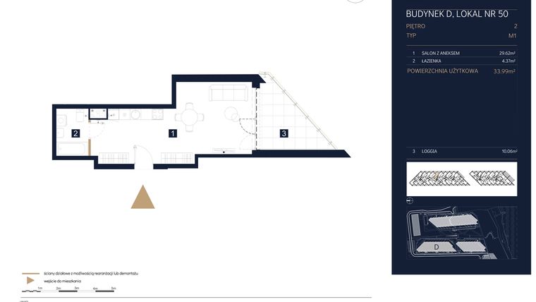 Rzut - Mieszkanie na sprzedaż 1 pokój o powierzchni 33,99 m² - numer D50 w Rezydencja Zegrze etap III