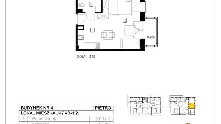 Rzut - Mieszkanie na sprzedaż 1 pokój o powierzchni 30,64 m² - numer 4B-1.2 w Gardenia Pogodno