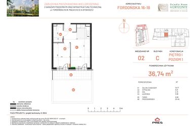 Rzut - Mieszkanie na sprzedaż 2 pokoje o powierzchni 36,74 m² - numer 16.2 w Osiedle Nowe Horyzonty etap II