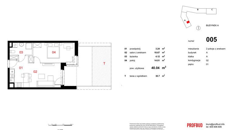 Rzut - Mieszkanie na sprzedaż 2 pokoje o powierzchni 40,04 m² - numer 005 w Osiedle Mocha Tower