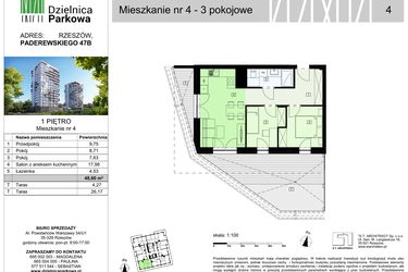 Rzut - Mieszkanie na sprzedaż 3 pokoje o powierzchni 48,6 m² - numer 4/B7 w Dzielnica Parkowa VII