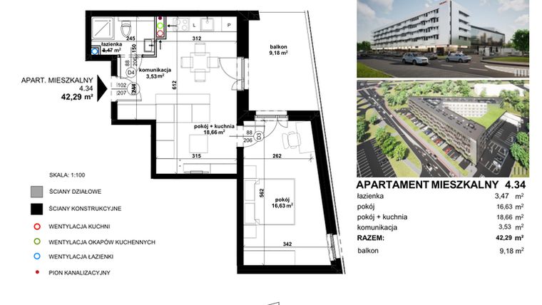 Rzut - Mieszkanie na sprzedaż 2 pokoje o powierzchni 42,29 m² - numer 4.34 w Apartamentowiec Zwycięska 3