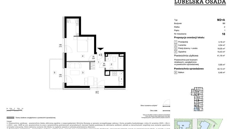 Rzut - Mieszkanie na sprzedaż 2 pokoje o powierzchni 41,18 m² - numer B6.18 w Lubelska Osada budynek B6