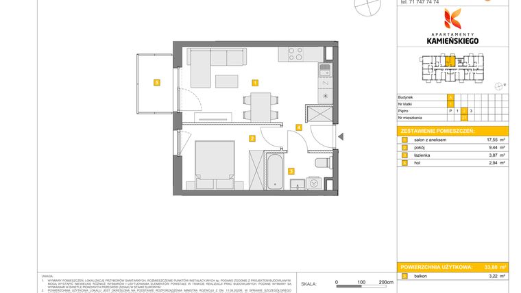 Rzut - Mieszkanie na sprzedaż 2 pokoje o powierzchni 33,8 m² - numer A27 w Apartamenty Kamieńskiego