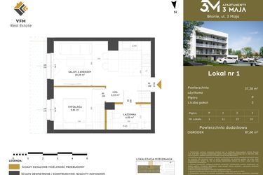 Rzut - Mieszkanie na sprzedaż 2 pokoje o powierzchni 37,28 m² - numer 1 w Apartamenty 3 Maja