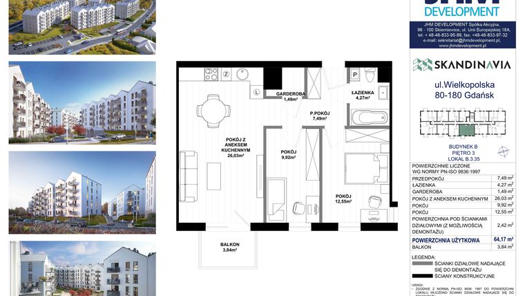 Rzut - Mieszkanie na sprzedaż 3 pokoje o powierzchni 64,17 m² - numer B.3.35 w Skandinavia