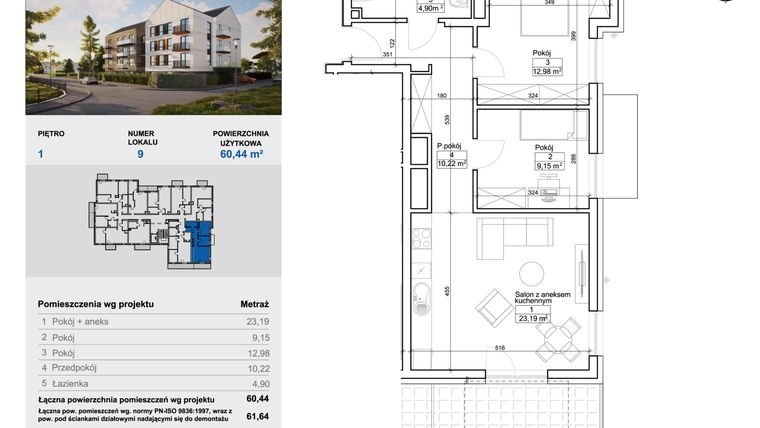 Rzut - Mieszkanie na sprzedaż 3 pokoje o powierzchni 60,76 m² - numer 9 w Balantia