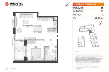 Rzut - Mieszkanie na sprzedaż 2 pokoje o powierzchni 42,38 m² - numer B1.15 w Zajezdnia Motława
